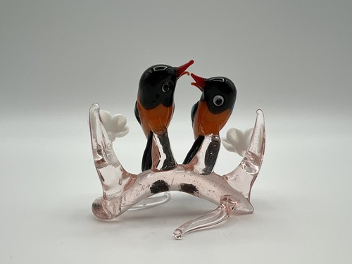 Murano Style Art Glass 2” Orange Love Birds on Pink Branch w Flowers - Picture 4 of 10