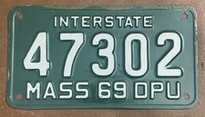 Massachusetts 1969 INTERSTATE DEPARTMENT PUBLIC UTILITIES License Plate # 47302