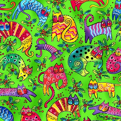Laurel Burch Enchantment Cat Toss Green Christmas Fabric By the FQ - 1/4 YD