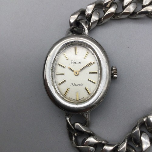 Pedre Watch Women 25mm Silver Tone Oval Dial 17 Jewels Swiss Manual Wind 6.25" - Picture 5 of 12