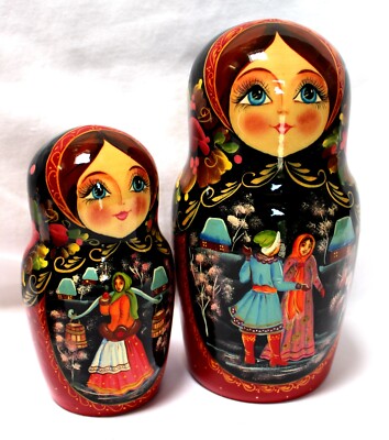 Vintage Russian Nesting Doll Famous Russian Troika Village Scenes