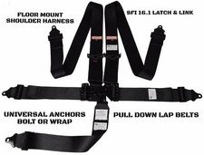 SFI 16.1 UNIVERSAL LATCH & LINK 5 POINT FLOOR MOUNT RACING HARNESS BLACK