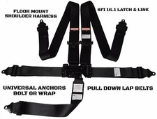SFI 16.1 UNIVERSAL LATCH & LINK 5 POINT FLOOR MOUNT RACING HARNESS BLACK