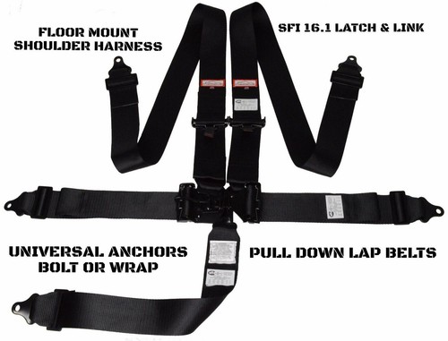 SFI 161 UNIVERSAL LATCH  LINK 5 POINT FLOOR MOUNT RACING HARNESS BLACK G1N