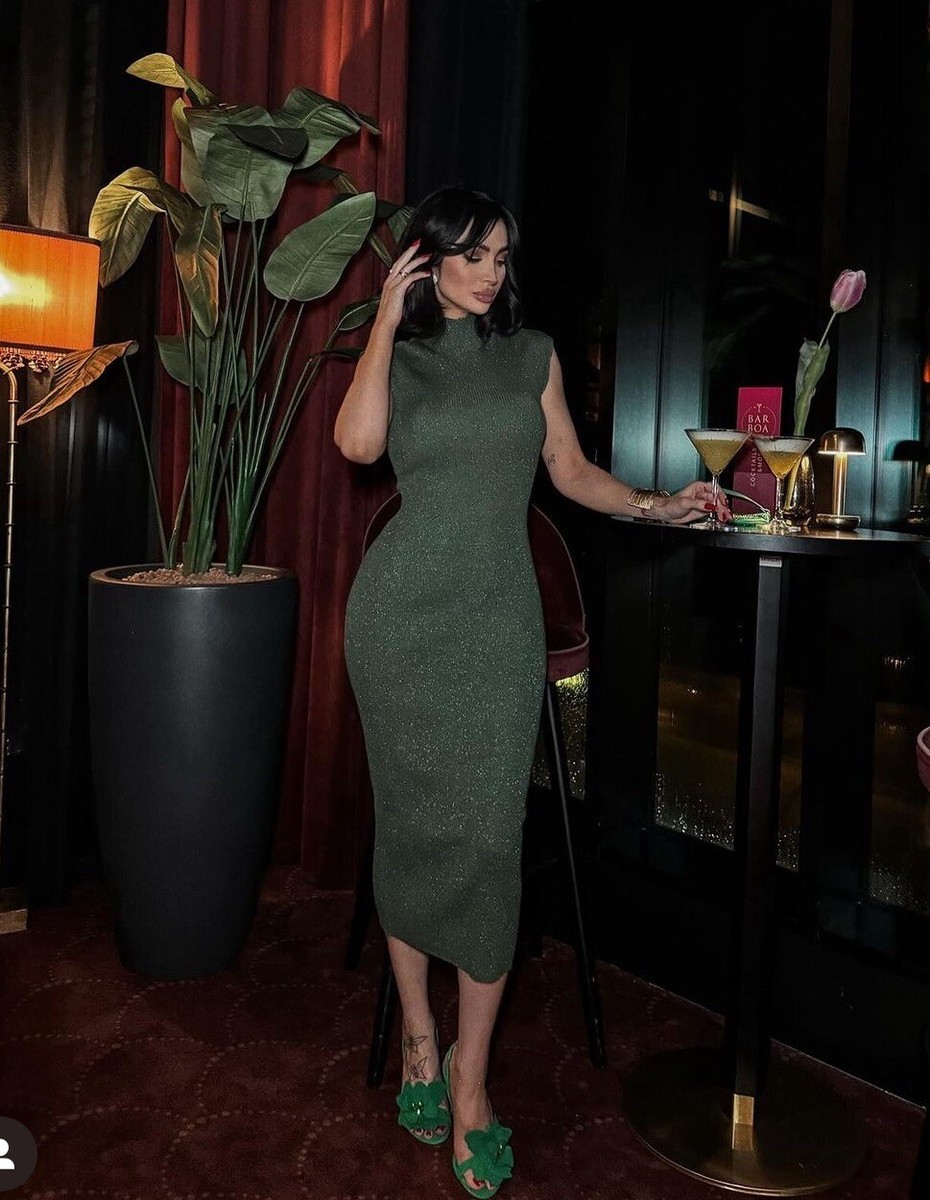 ZARA NEW FW23 WOMAN MIDI METALLIC THREAD KNIT DRESS GREEN S-XL