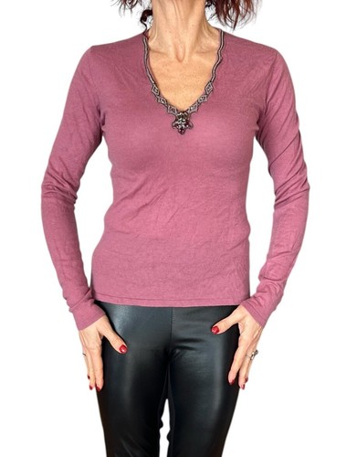 WOMENS ELIE TAHARI CASHMERE PURPLE SWEATER PULLOVER V NECK JEWELED RHINESTONE M