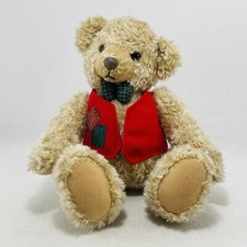 Vintage Hallmark Bear Plush 12 Brown Men Boy Red Vest Jacket Green Plaid Bowtie