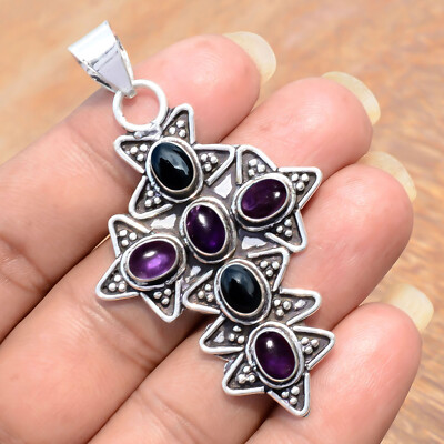 Amethyst& Black Onyx Gemstone 925 Sterling Silver Cross Pendant Celebration Gift