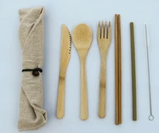 Bamboo Flatware Set, Bamboo Reusable Utensil Set, Green Travel Utensils 7pcs