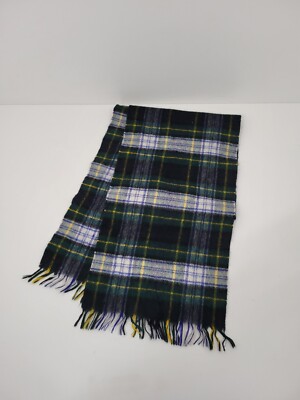 VTG Johnstons Of Elgin Wool Blend Green Plaid Fringe 42'' X8'' Scarf Scotland