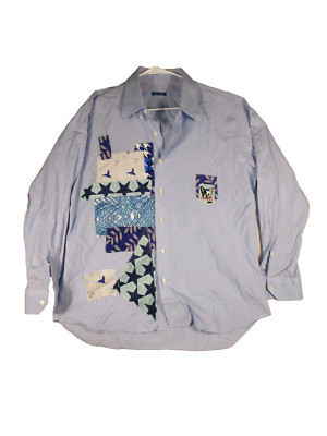 Royal Classic Mens Patchwork Button-Up Shirt Long Sleeve Collared Size XL Blue