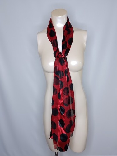 Women's Satin Scarf Red Striped With Black Dots Rectangle 13" X 70" - Picture 3 of 9