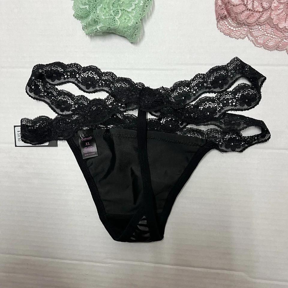 Nuevo con etiquetas 4 pares de bragas XL Frederick’s Of Hollywood tanga de encaje descarado negro verde Foto 3 de 4