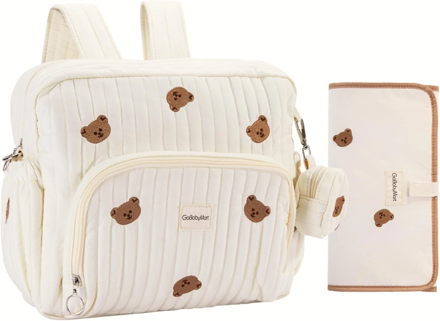 GOBABYMART Diaper Bag Backpack Beige Bears Medium Changing Pad Insulated Pockets