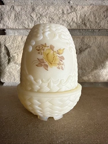 Fenton Almond Glass Hand Painted Basket Weave Glass Fairy Lamp Brown Floral 5” H