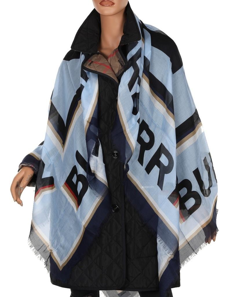 NEW BURBERRY LUXURY BUBBLEGUM BLUE MODAL LOGO OVERSIZED SCARF WRAP