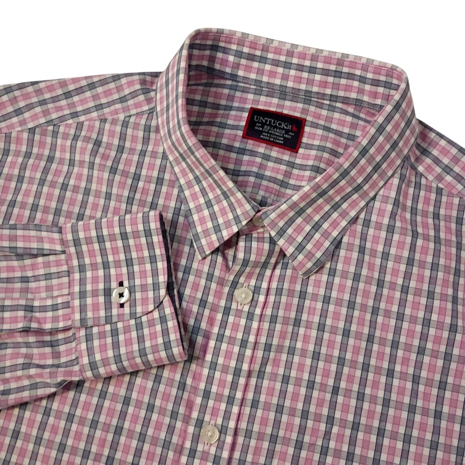 UNTUCKit Button Up Shirt 2XL Slim Fit Pink Blue Plaid Check Wrinkle Free Cotton