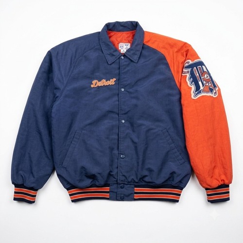 Vintage Detroit Tigers Starter Jacket Large MLB Quilted Satin Bomber Navy Orange