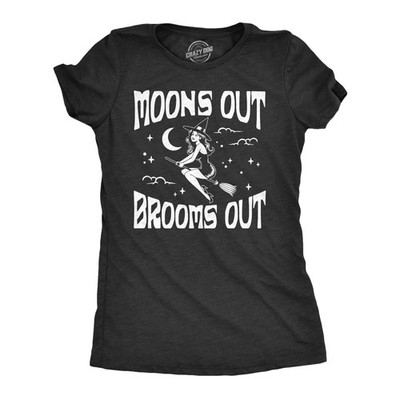 Womens Moons Out Brooms Out T Shirt Funny Halloween Witch Flying Broomstick Joke
