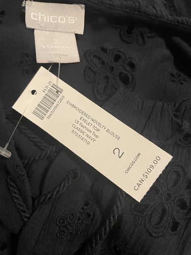Chemisier manches longues à oeillets brodés Chico’s taille 2/L 12-14 bleu marine classique 99€ - Photo 7/8