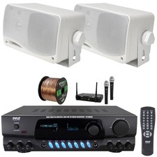 Pyle Home Screen Receiver, 2x 3.5'' 200W Mini Box White Speakers, Mic System