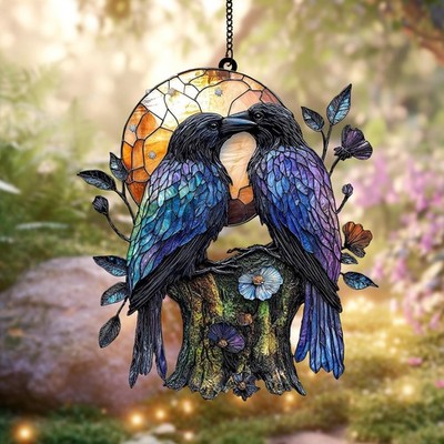 Black Raven with Moon,Acrylic Window Hanging,Halloween Suncatcher Ornament Decor