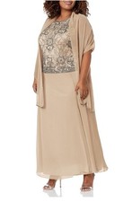 J Kara Beaded Gown 10P Petite Camel Tan Formal Dress Scarf Set Mother of Bride