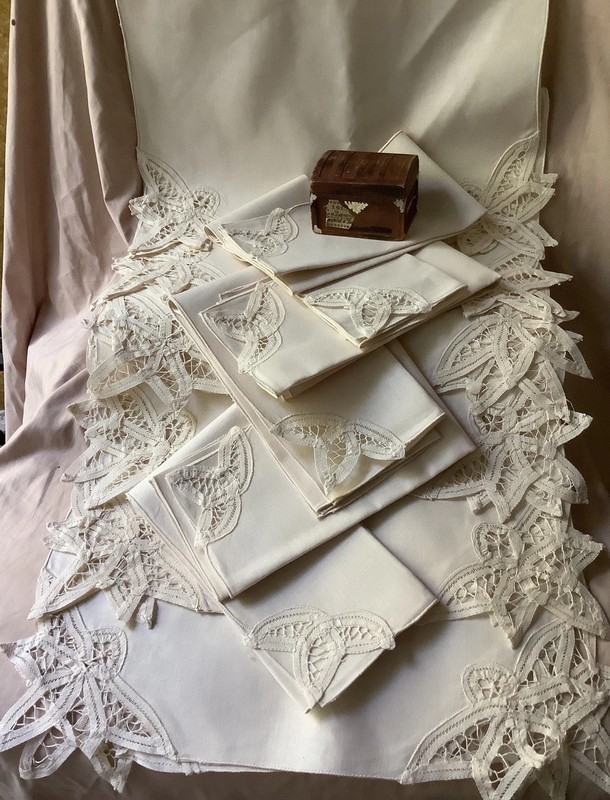 VTG 100% Handmade Battenburg Lace Placemats Napkins Set Of 6 100% Linen Unused