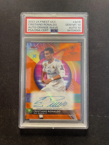 2023-24 Topps Finest UCC Cristiano Ronaldo Orange Wave 18/25 PSA 10 Auto 10 LU12