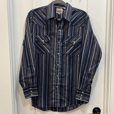 VTG Ely Cattleman Mens LS Pearl Snap Western Shirt Striped Lightweight Sz Medium