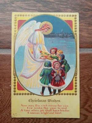 Embossed Antique Christmas Postcard - Angel Lady Giving Presents to Children