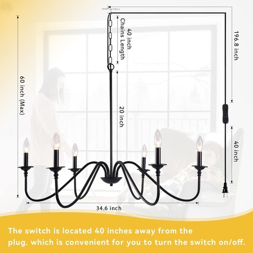 34.6" Black Adjustable Height Chandelier - Safe Plug-in Design for Stylish Homes - Picture 5 of 9