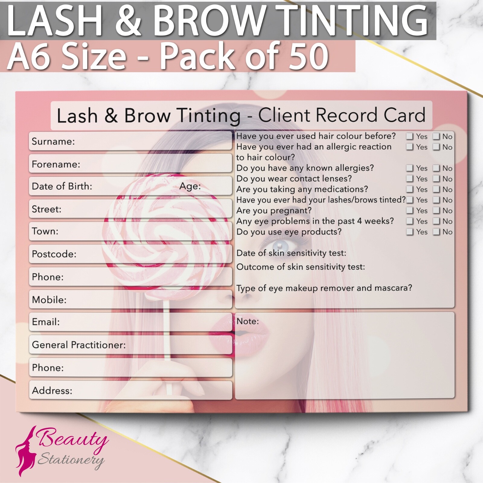 Lash & Brow Tinting Client Record Card NEW - PREMIUM Treatment Cons. A6 x50