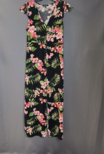 VINTAGE AMBIANCE Dress Womens Medium 1990s Black Floral Maxi Shprt Sleeves EUC
