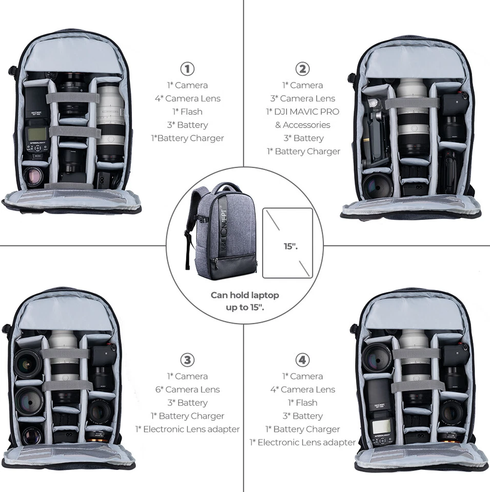 K&FConcept Camera Backpack Professional Large Bag Laptop Waterproof for DSLR SLR - Image 3 of 4