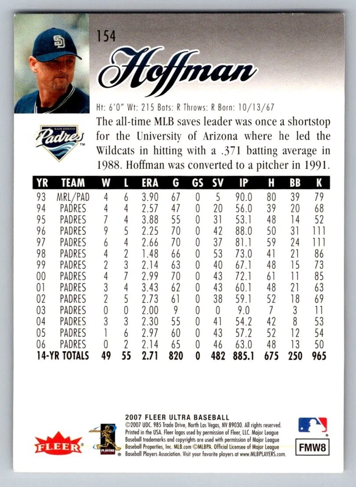 2007 Fleer Ultra - #154 Trevor Hoffman - Image 2 of 2