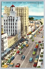 St Petersburg FL Central Avenue Looking East Birdseye Street View Linen Postcard