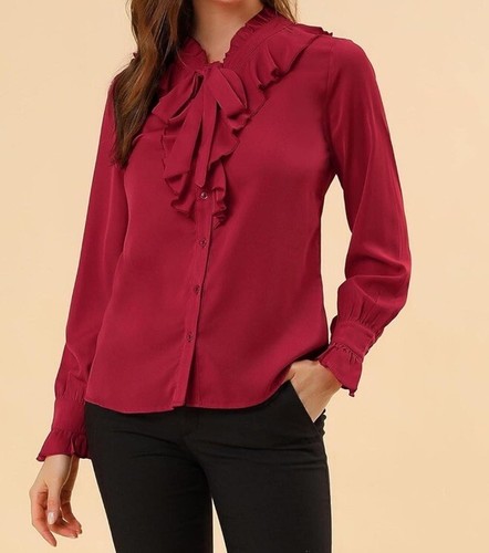 Women's Ruffle Neck Tie Neck Ruffle Cuff Button Front Solid Work Shirt - Picture 4 of 6