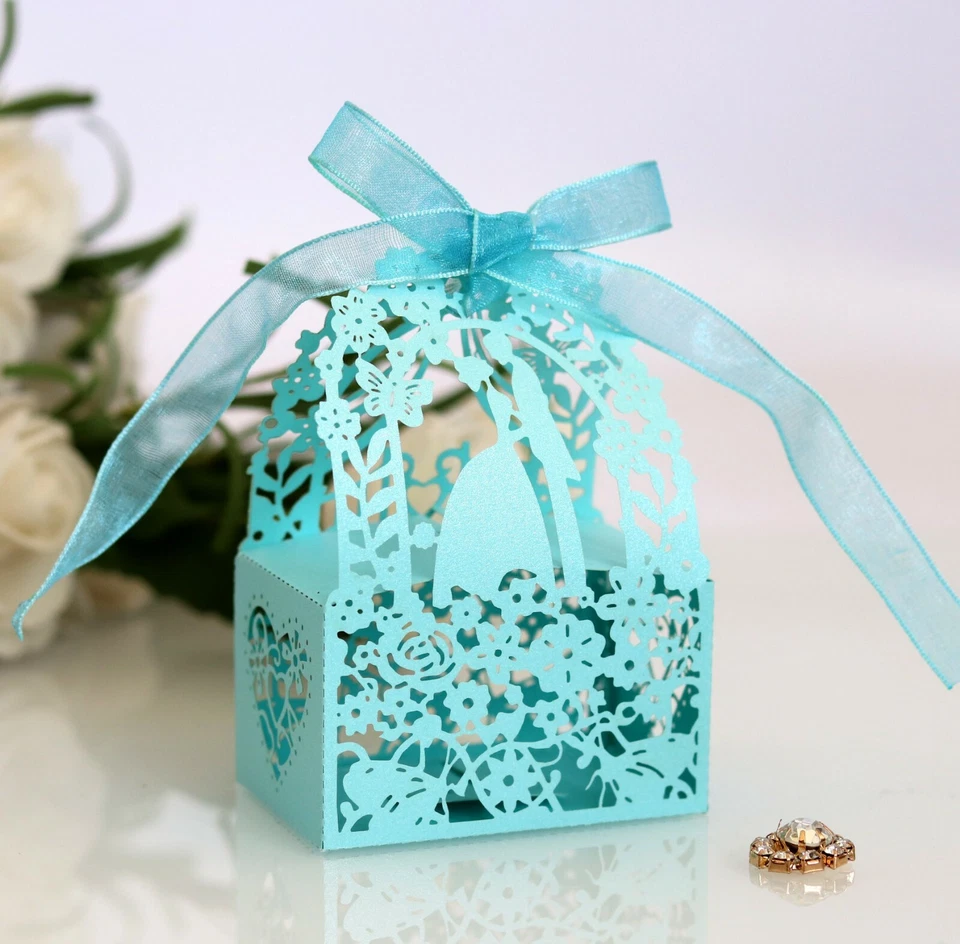 100x Cajas de caramelos para novios y novios corte láser con cinta Foto 4 de 4