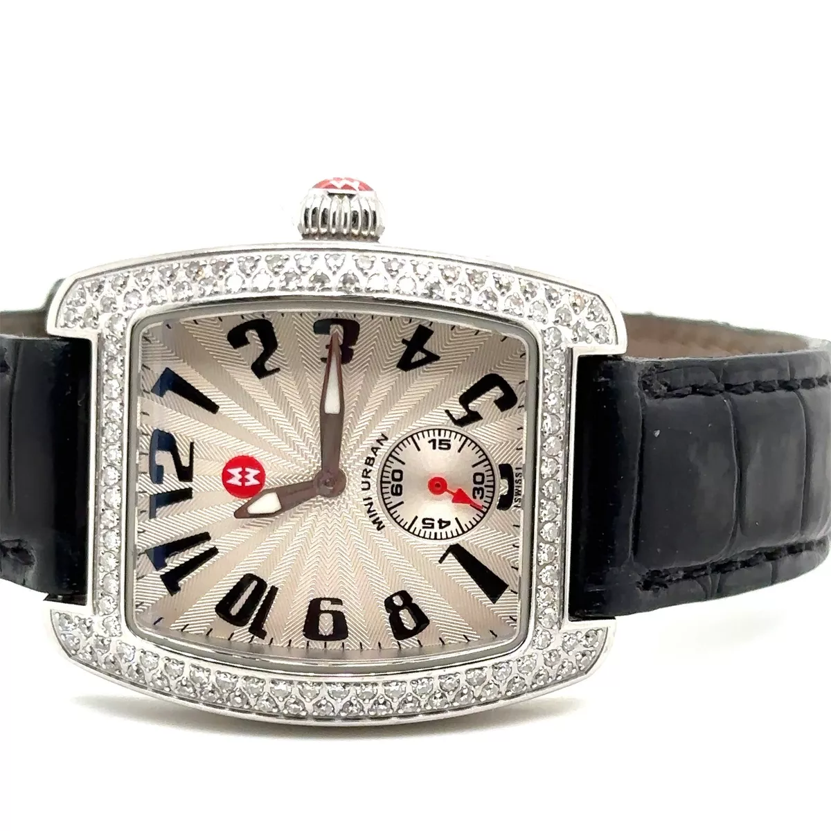 Michele Ladies Urban Diamond Bezel Black Alligator Strap Watch