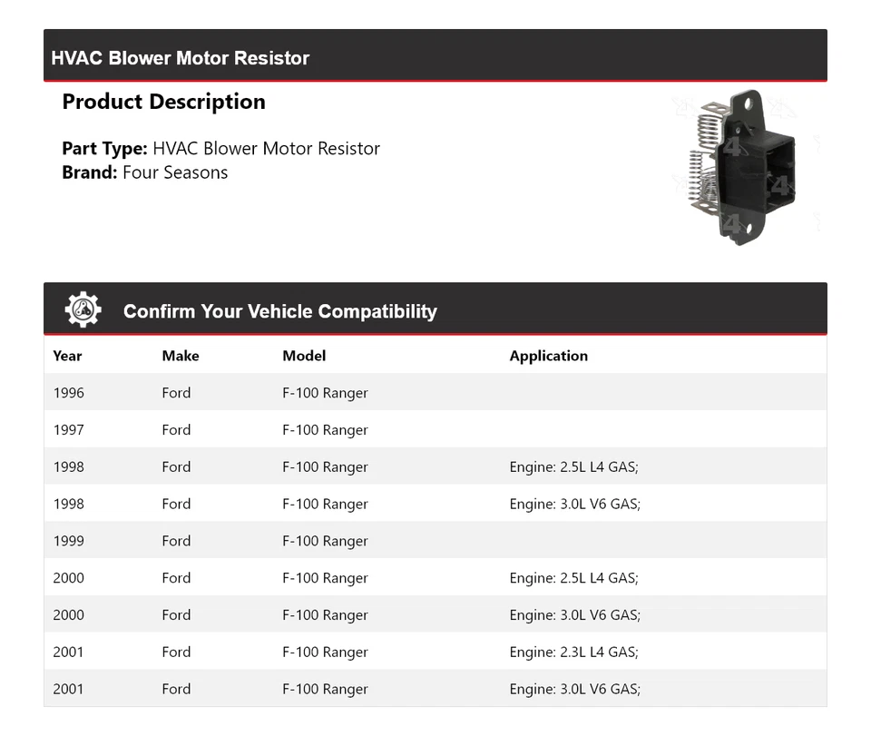 Resistencia de motor soplador de climatización para Ford F-100 Ranger 1996-2001 4 estaciones 1997 1998 Foto 2 de 4