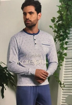 KARELPIÙ PIGIAMA uomo Serafino KARELPIU' Lungo PURO COTONE con TASCHINO-Pant.con polsini