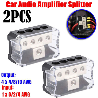 2Pcs Power Ground Amp Distribution Block 0/2/4 Gauge Input 4/8/10 Gauge Output