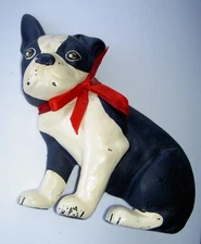 BOSTON TERRIER CAST IRON DOOR STOP VINTAGE BLACK WHITE RED RIBBON READ