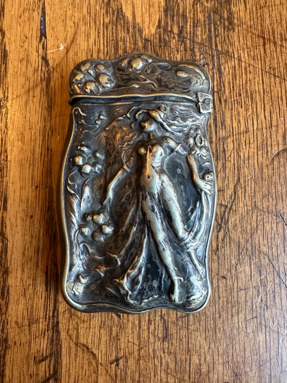 Antique 1890s Silver Plate Art Nouveau Match Safe Vesta Case, Lady Repousse