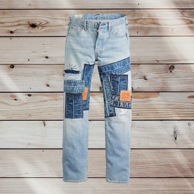 Levi's 501 Patchwork Jeans rot W32 L32 helle Waschung blau Sonderangelegenheit Premium