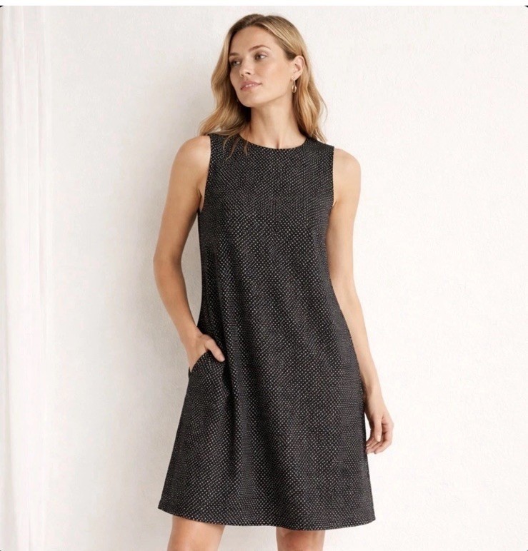 Eileen Fisher Womens L Organic Cotton Sleeveless Pocket Shift Dress Black White
