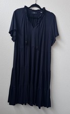 Tahari Women’s Midnight Navy Tiered Ruffle Neck Dress 1X Boho Knit Midi Babydoll