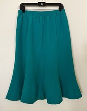 Vintage 80s Trumpet Midi Skirt Lightweight Teal Elastic Waist Size L
