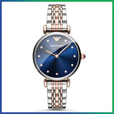 Image of Genuine EMPORIO ARMANI Gianni T-Bar AR11092 Blue Dial Dual Tone Womens Watch